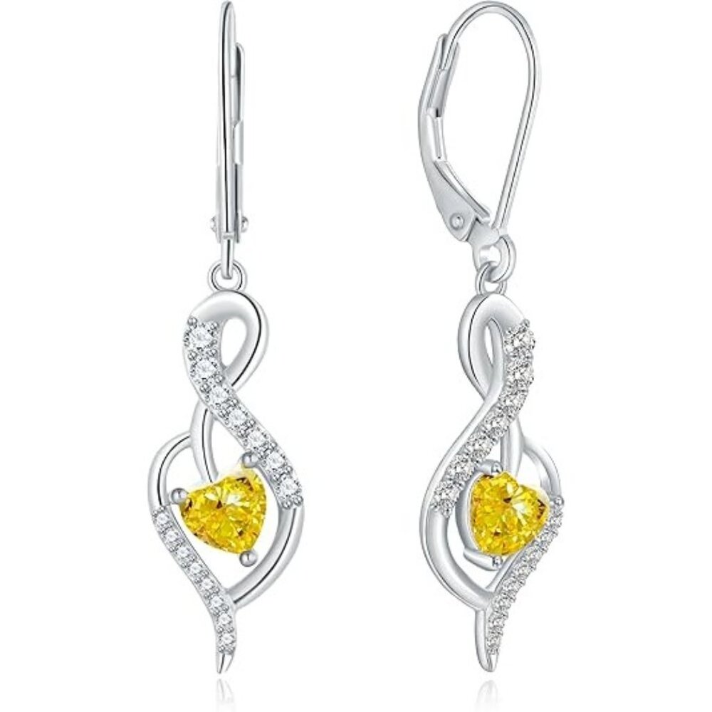 Citrine Infinity Heart Dangle Drop Leverback Birt… - image 1